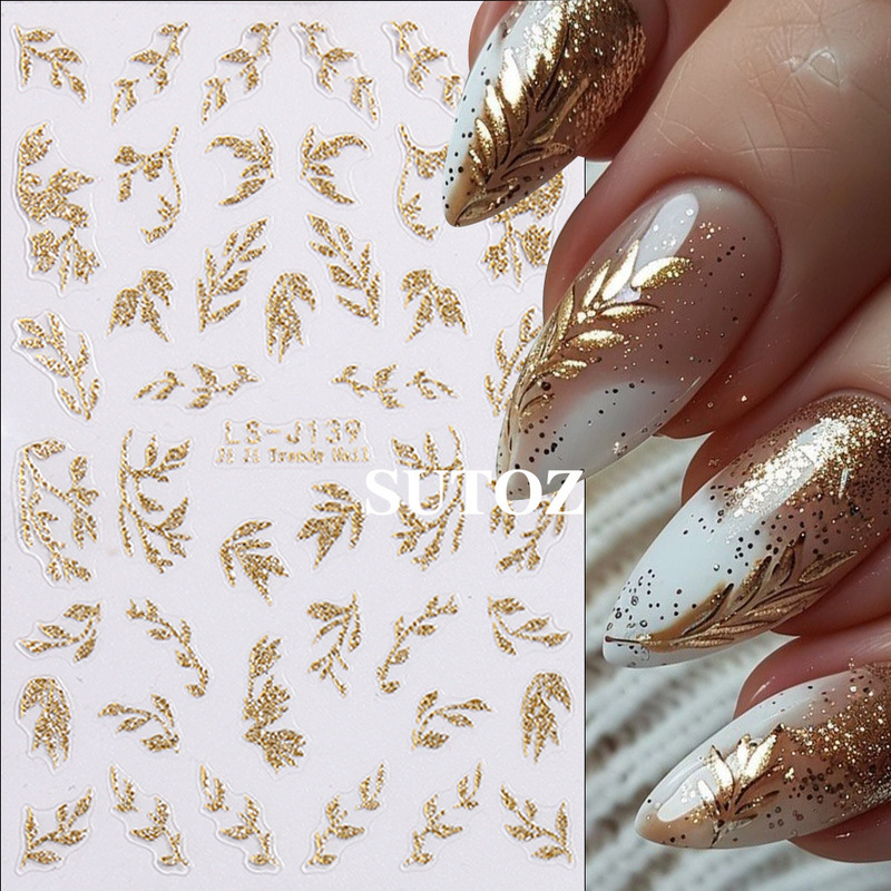 New Bronzing Leaf Nail Art Stickers Spring National Style Fresh Golden Branches and Jade Leaves Glitter Nail Back Adhesive Stickers