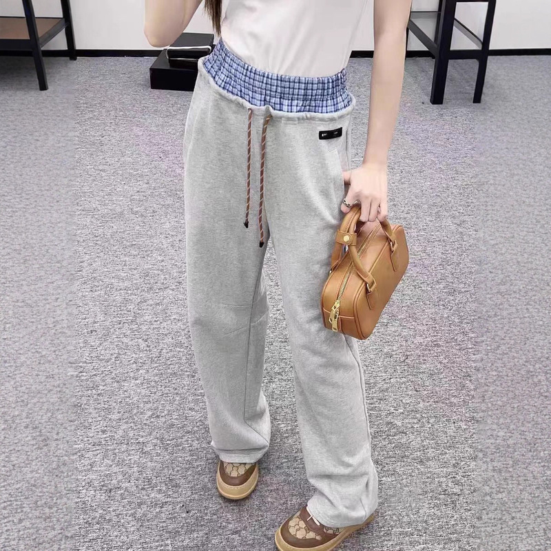miu系新款撞色格纹裤子女假两件格子长裤慵懒宽松秋冬新款卫裤|undefined