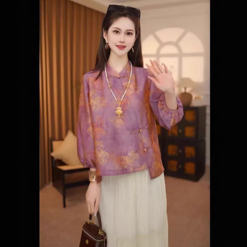 Spring and Summer New Style Chinese-Style Women's Clothing, Xiangyun Silk Shimmering Brocade Shirt, Retro Elegant Blouse