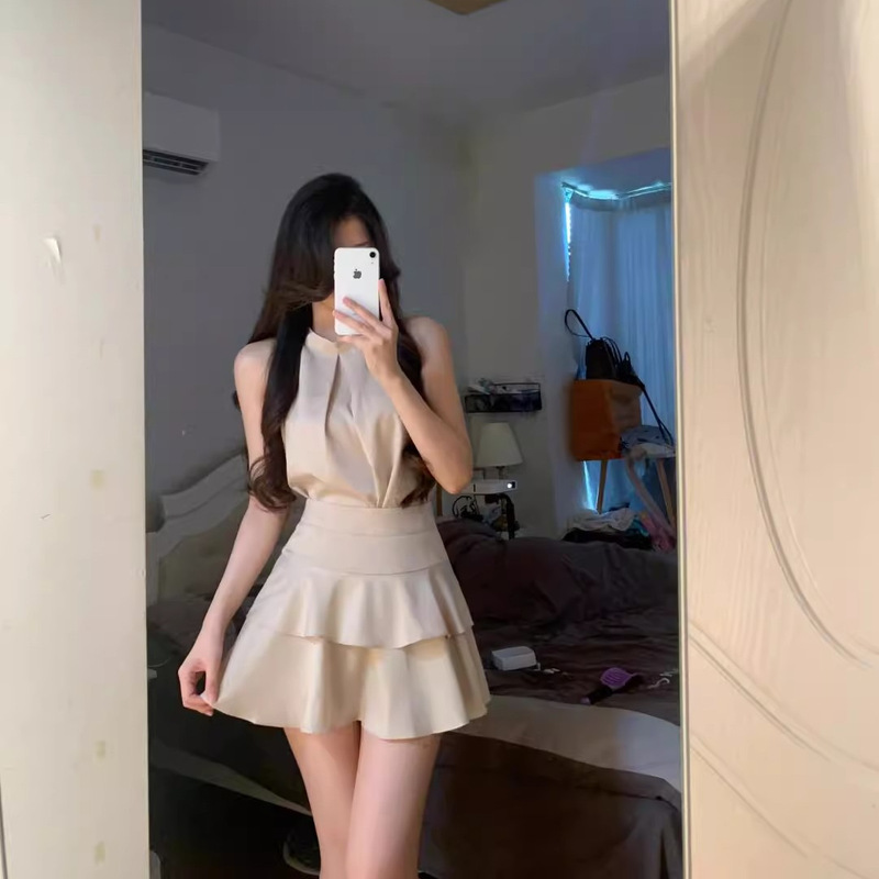 甜辣妹杏色两件套女夏挂脖背心上衣小众荷叶边a字短裙半身裙套装|undefined