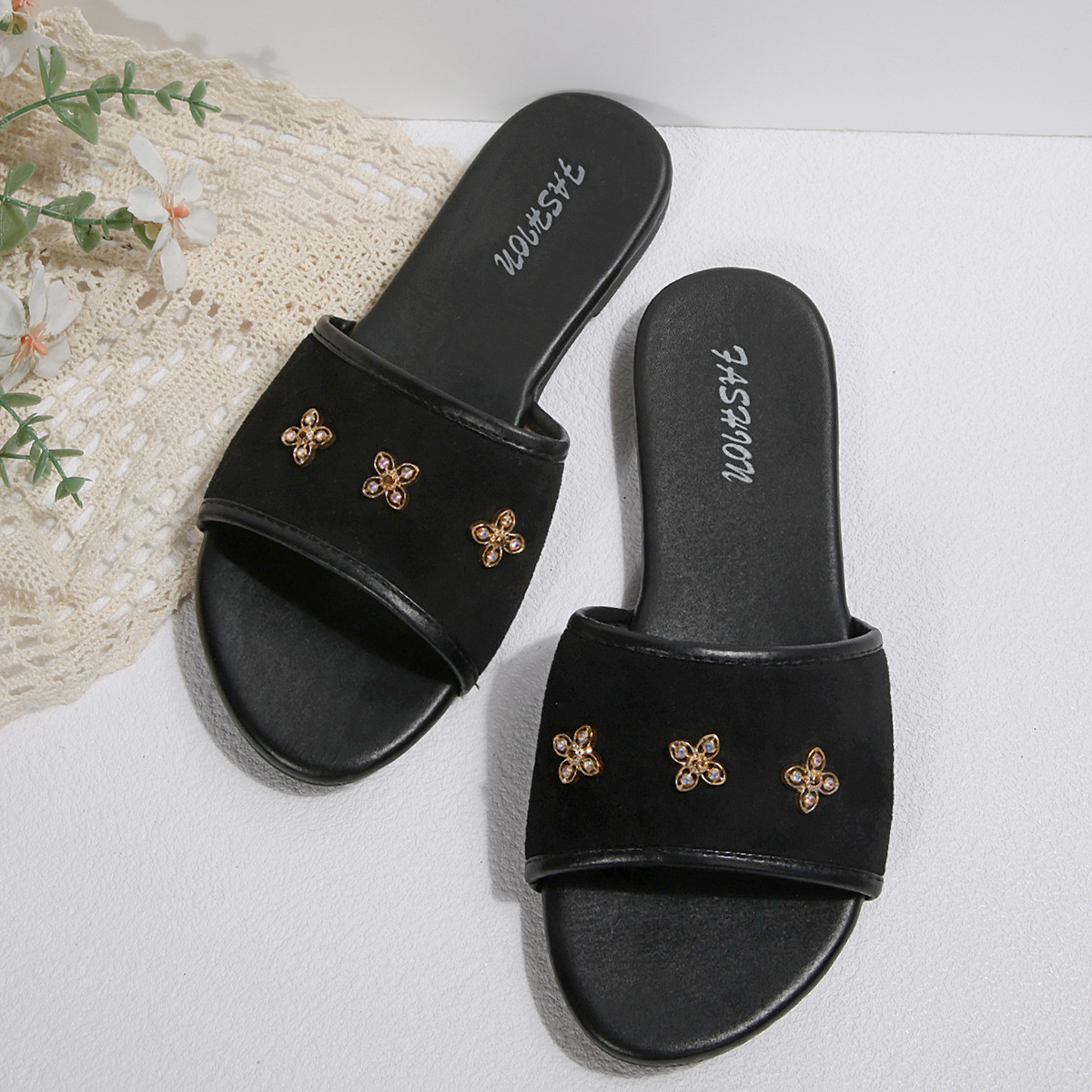 Sandalias Planas con Decoración Metálica, Tejido de Punto y Caucho, Suela Plana, para Uso Casual