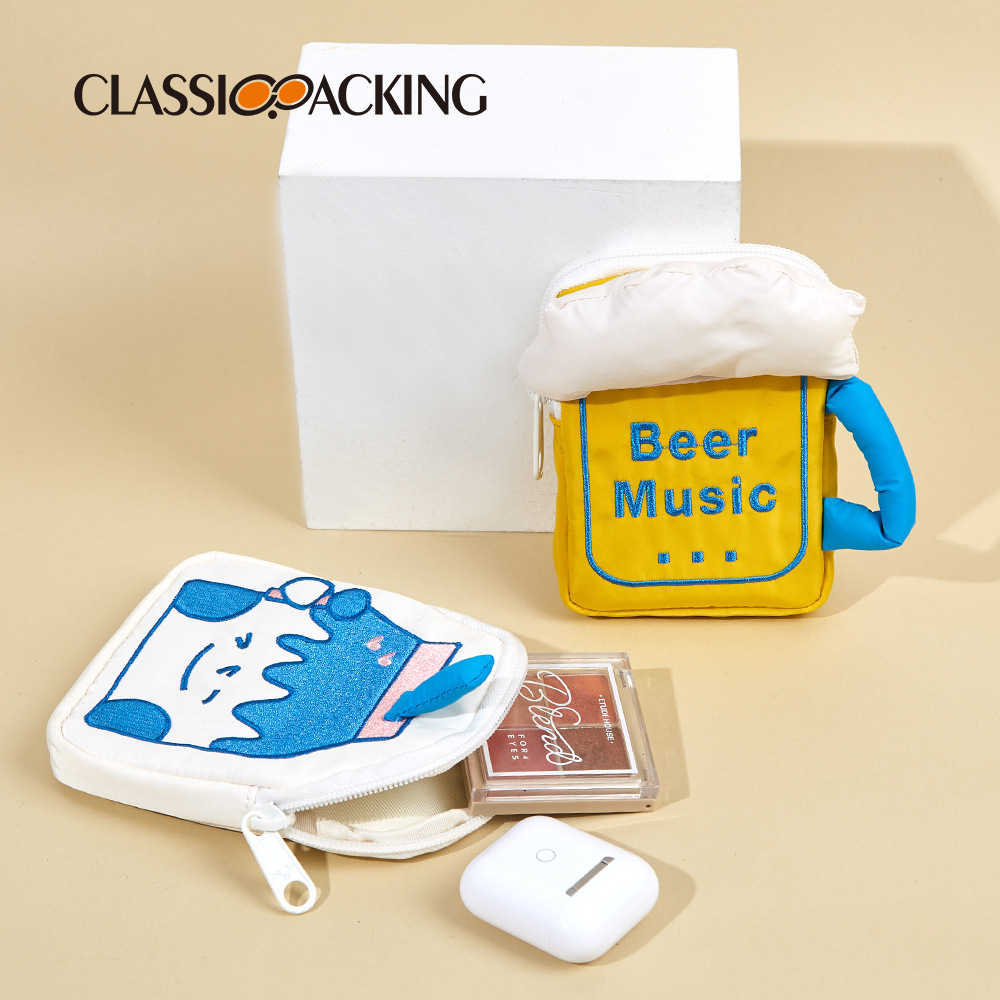 Fábrica al por mayor bolsa de almacenamiento cerveza taza leche Caja forma multifuncional moneda monedero lápiz labial bolsa de almacenamiento con logo