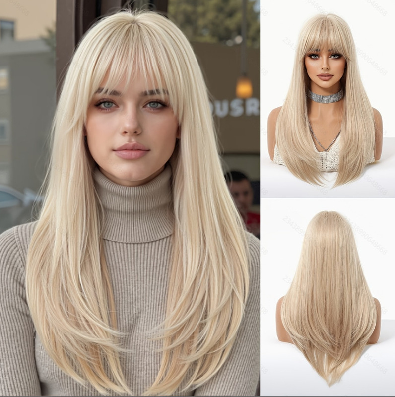 European and American Cross-Border Barbie-Style Long Straight Hair Wig with Bangs, Layered Synthetic Full Wig in Stock European and American Cross-Border Barbie-Style Long Straight Hair Wig with Bangs, Layered Synthetic Full Wig in Stock