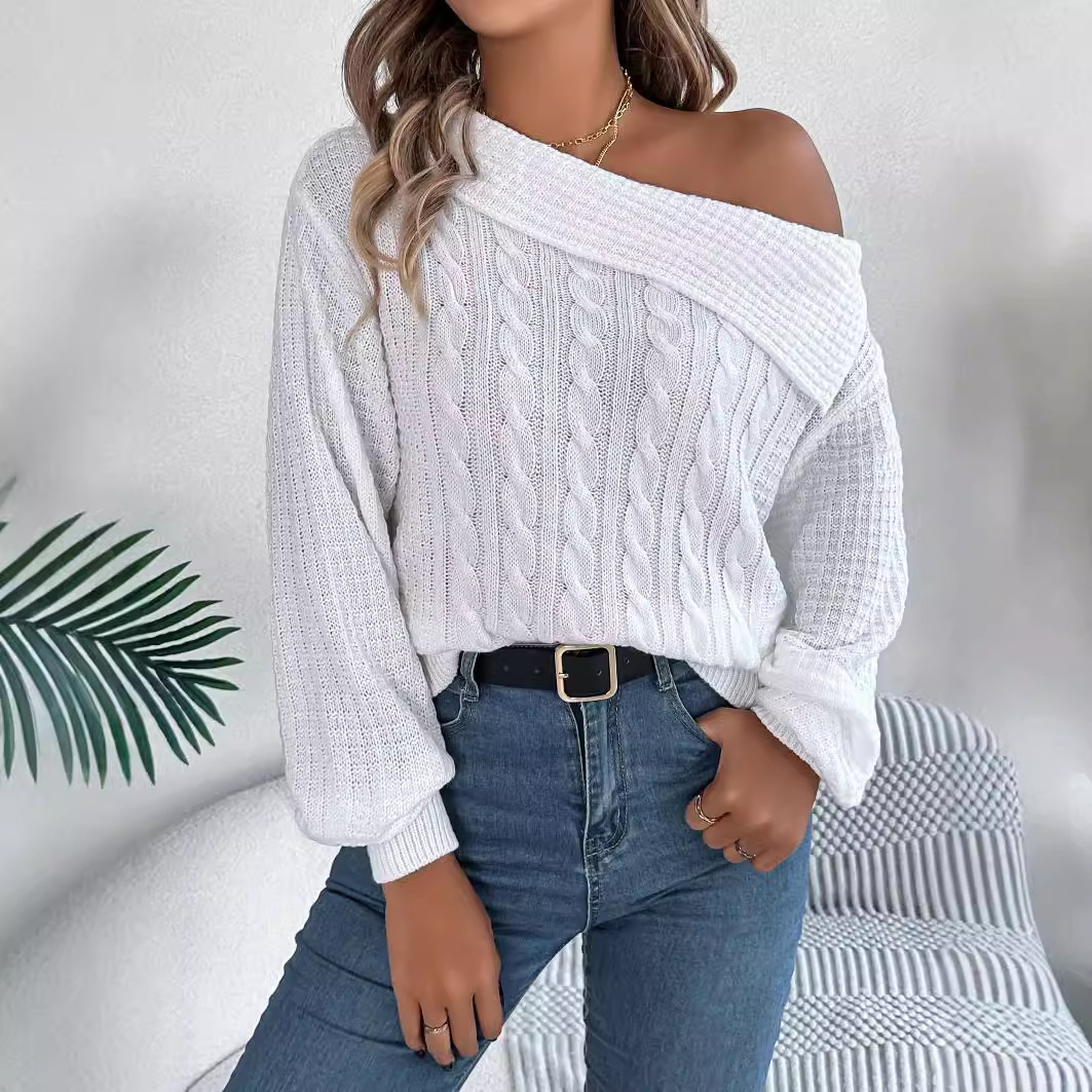 Women's Clothing casual sexy lapel off shoulder twist long sleeved pullover sweater _voghion.com