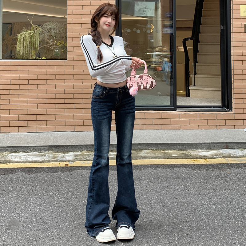 American Style Low Rise Vintage Hot Girl dark blue Slim Fit Stretch Flared Jeans Women's Trousers & Longer