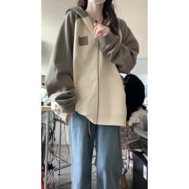 加绒加厚，国潮官印连帽卫衣女拉链插肩袖宽松秋冬季百搭外套ins