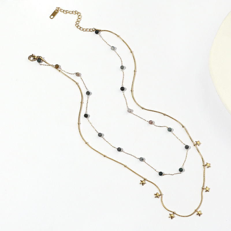Stainless trendy jewelry double-layer exquisite bead three-dimensional star gold titanium steel necklace for women_voghion.com
