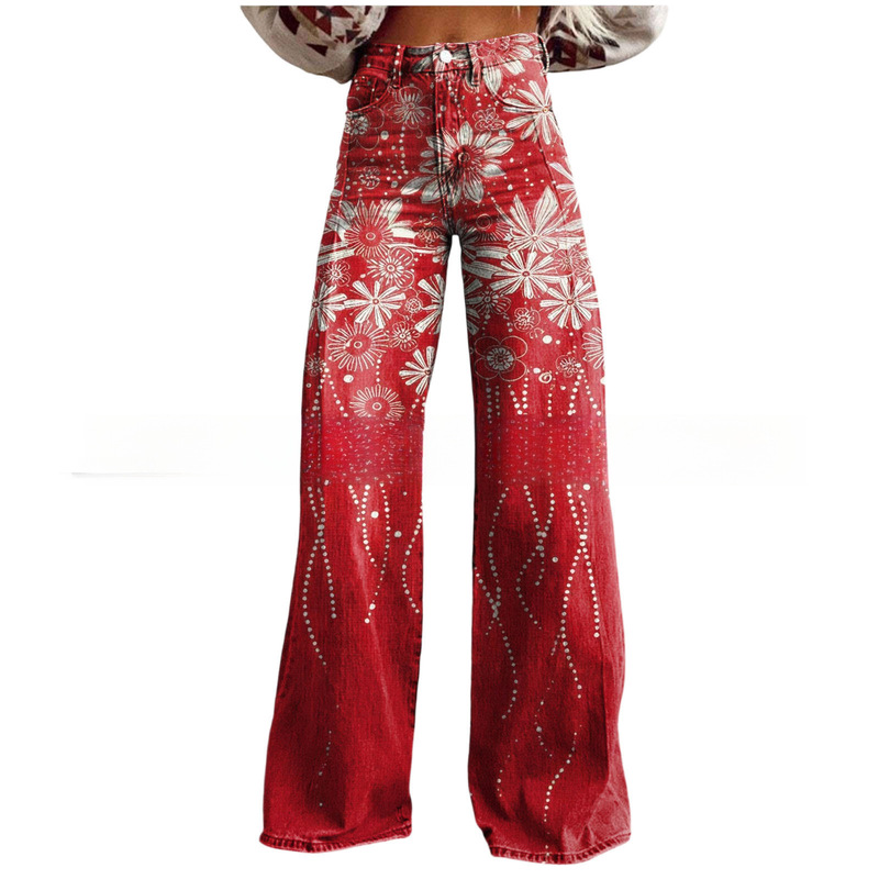 Cross-Border Aliexpress Ebay European and American Foreign Trade Plus-Size Women's Fashion Casual Pants Thin Imitation Denim Wide-Leg Long Pants