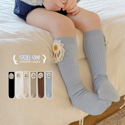 小七娜米 2023春季新款女童小腿袜韩版素色刺绣花儿童袜子堆堆袜|ru