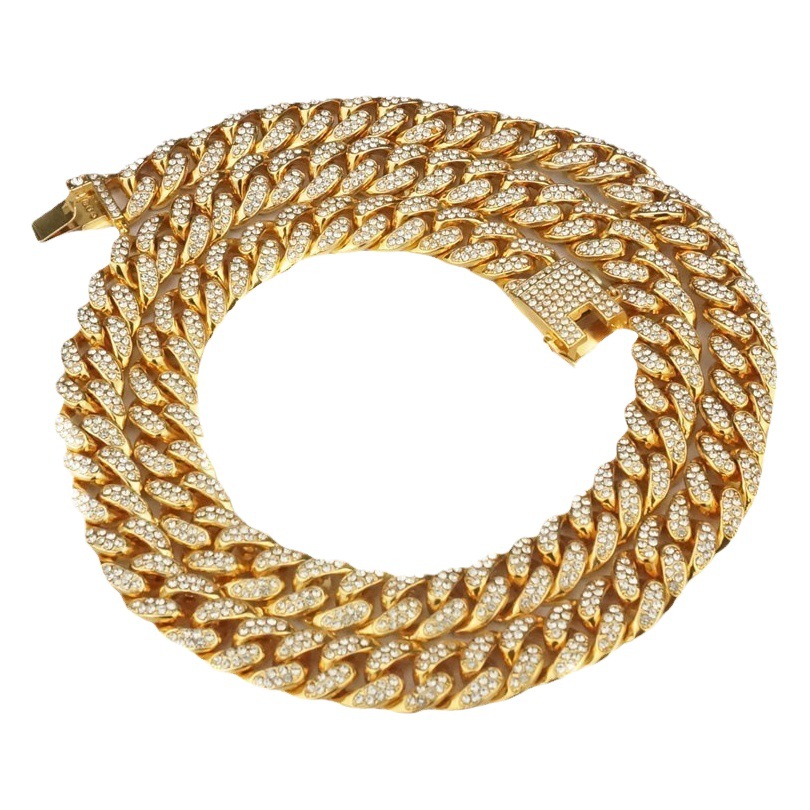 Qianshimei European and American hip hop zinc alloy 12.5mm wide gold plated full diamond full diamond large gold chain Cuban chain necklace