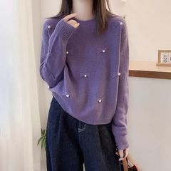 欧货圆领长袖套头毛衣女秋冬季蝴蝶结高级设计感气质百搭针织衫女