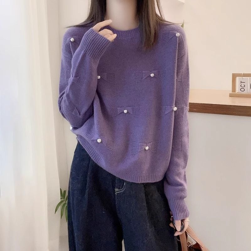 欧货圆领长袖套头毛衣女秋冬季蝴蝶结高级设计感气质百搭针织衫女|undefined