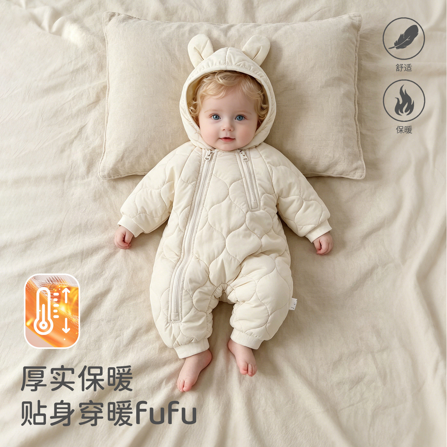 Cross-border baby padded jumpsuit, winter hooded outerwear, newborn thickened warm baby cotton clothing, crawling suit