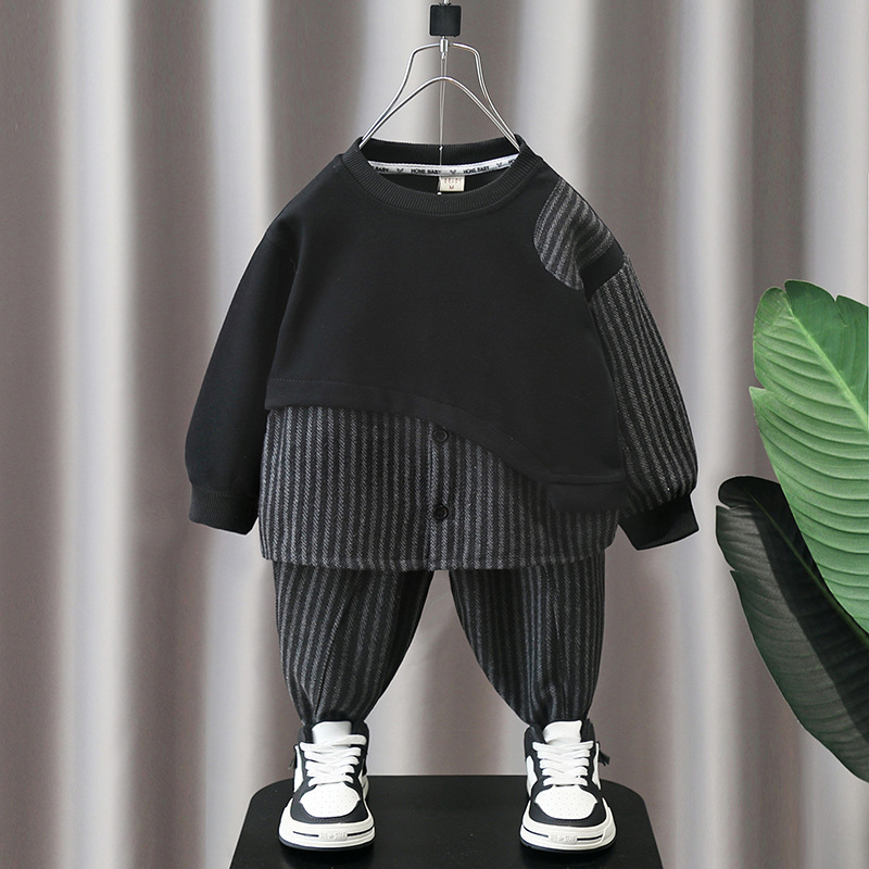 5855 Traje de otoño para niños 2025 Nuevo estilo Estilo occidental Ropa a rayas con costuras para bebés Traje de dos piezas de primavera y otoño para niños