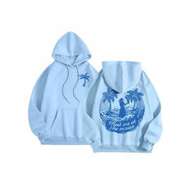 2025跨境希音加绒女式卫衣螺纹袖口下摆宽松保暖连帽卫衣印花女士