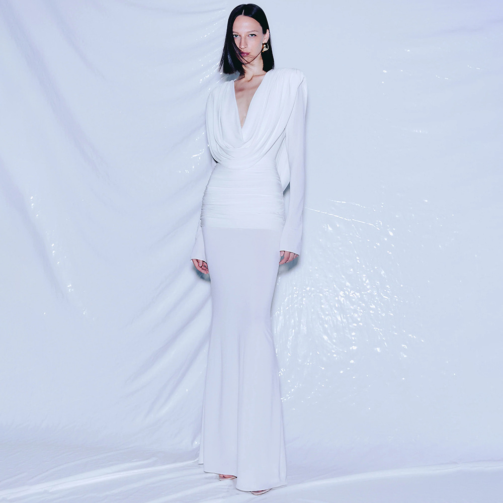 재고 있음 | 공장 직배송 순백색 프렌치 레트로 롱 드레스, 깊은 V넥 드레스, 슬림핏 긴팔, 출퇴근, 저녁 파티, 패셔너블