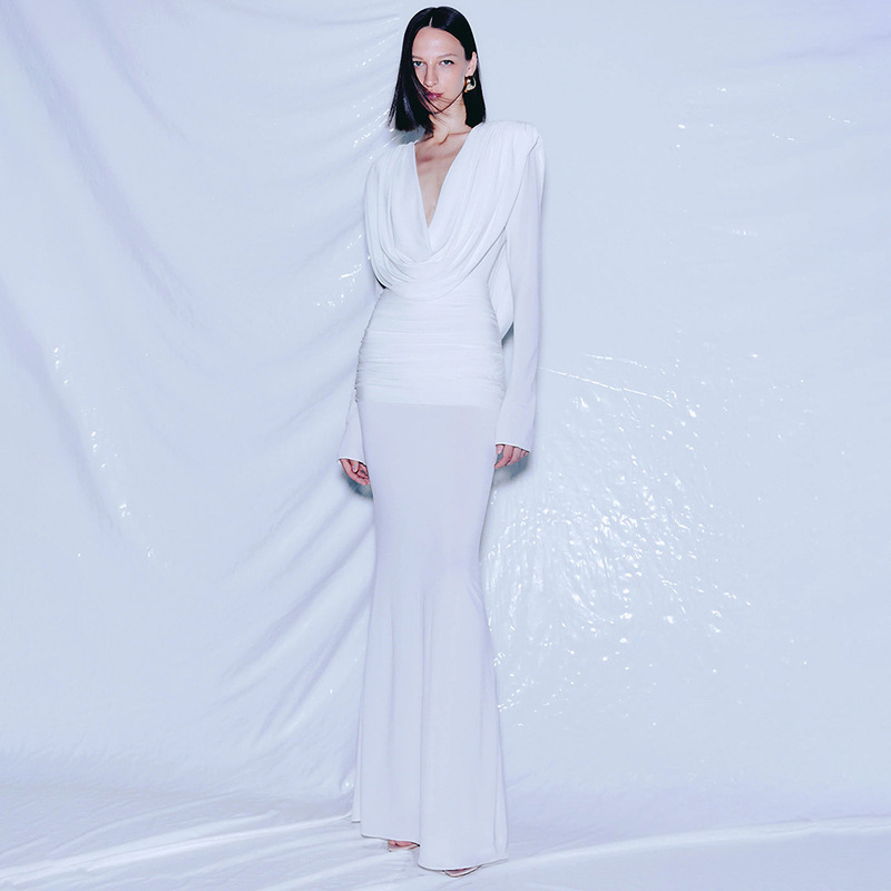 In Stock | Factory Direct Supply Pure White French Retro Long Dress Deep V-Neck Slim-Fit Long-Sleeve Dress for Work and Evening Fashion