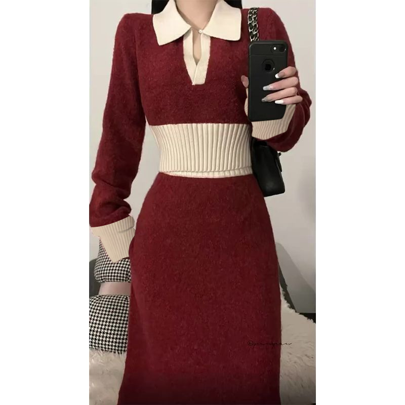 2024 년 초가을 분위기 빨간 니트 원피스 한국 드라마 하이 엔드 스웨터 스커트 투피스 세트
