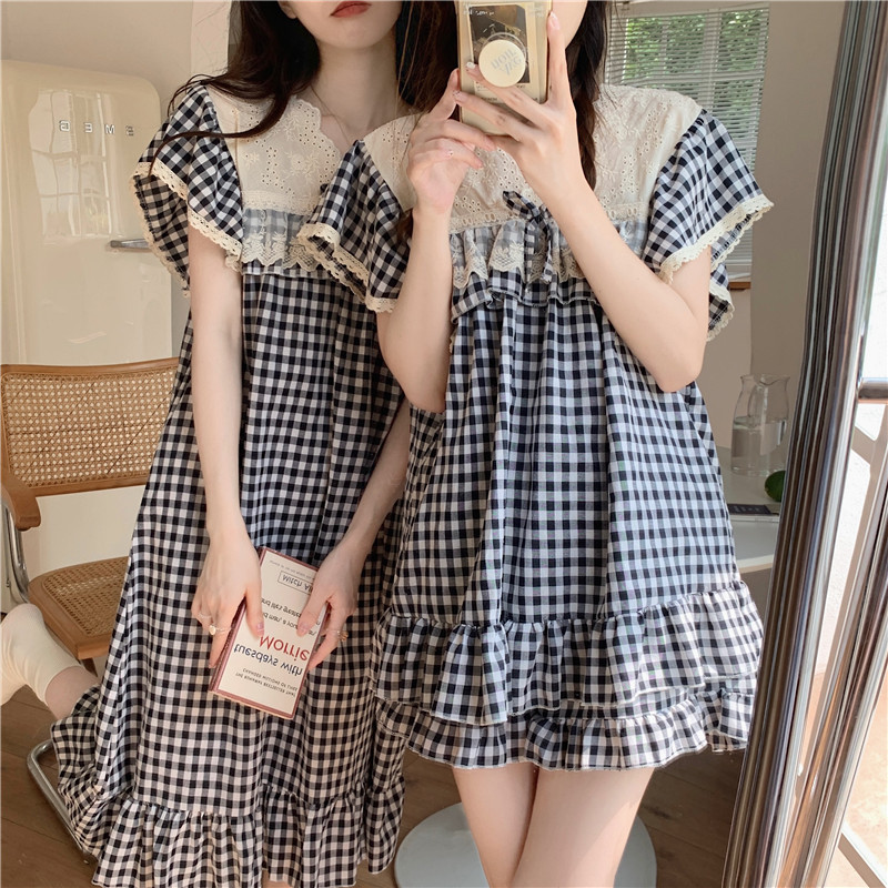 Verano ins Corea del Sur comercio exterior de las mujeres Plaid encaje dulce princesa bordado pesado encaje Home wear traje camisón