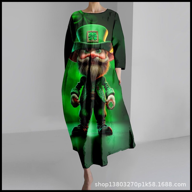 2025 Cross-Border Women's Casual Three-Quarter Sleeve Dress with St. Patrick's Theme Clover 3D Print for Summer