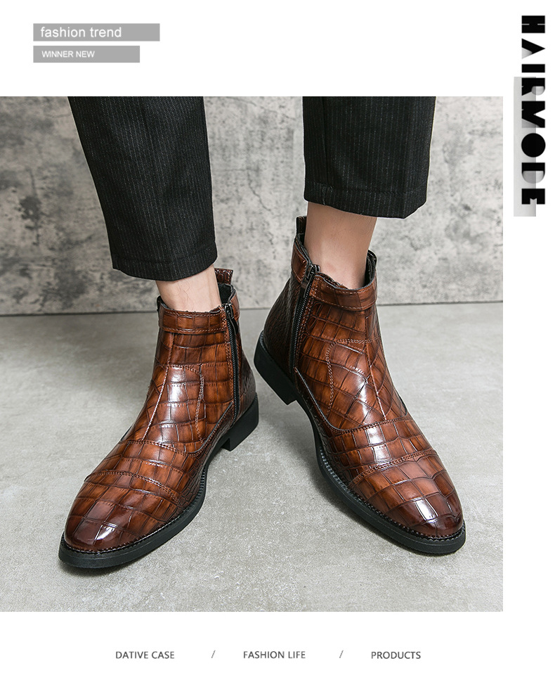 Men's Shoes Autumn And Winter Large Size Crocodile Pattern Short Boots Men's Business Solid Color Leather Boots Black High Top Leather_voghion.com