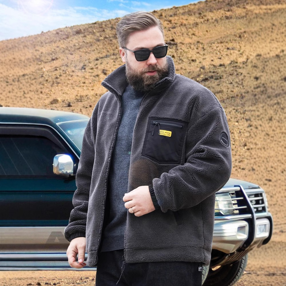 Men's Clothing Plush and thickened polar fleece jacket for men in autumn and winter plus size fat men loose stand collar cotton coat fleece jacket_voghion.com