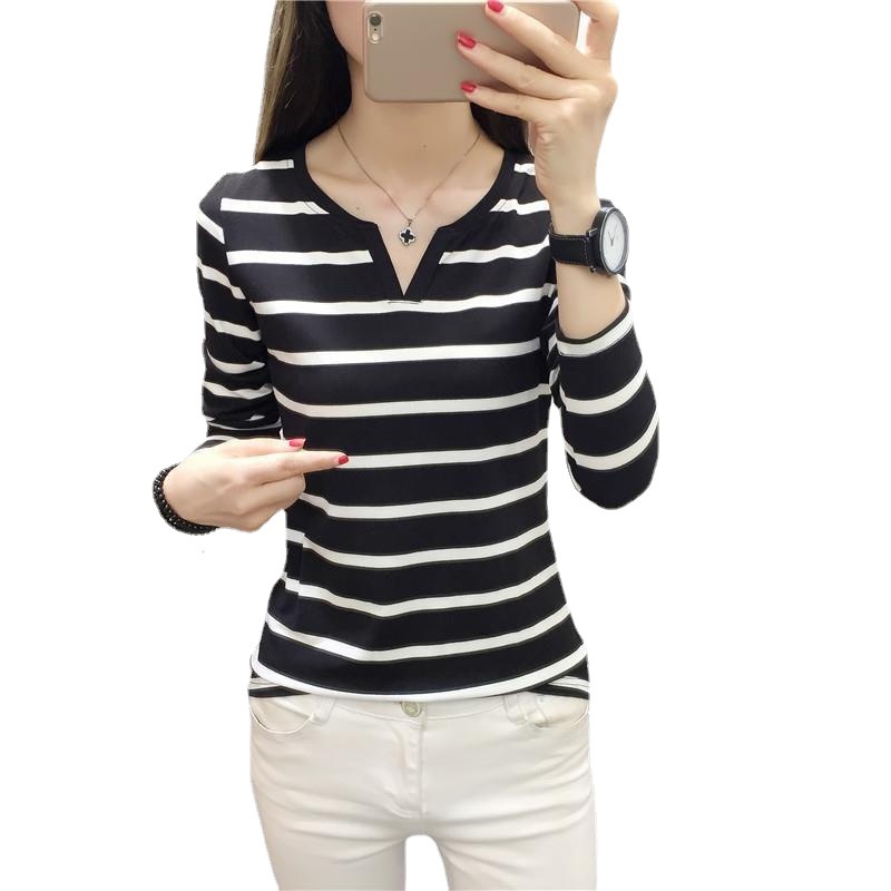 Camiseta de manga larga con cuello en V a rayas blancas y negras, ajustada, para mujer, estilo transfronterizo, moda otoño 2026, camiseta base para estudiantes