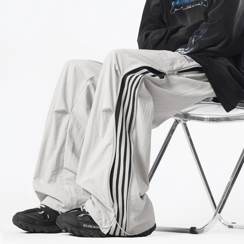 Striped Pleated Sports Paratrooper Pants Men's Design Sense Side Zipper Tooling Soft Case American Style Outdoor Casual Pants Men's Wear