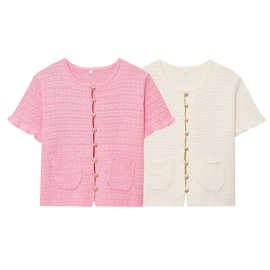 欧美毛衣女夏季短袖开衫镂空针织衫新款针织上衣跨境欧美针织衫批