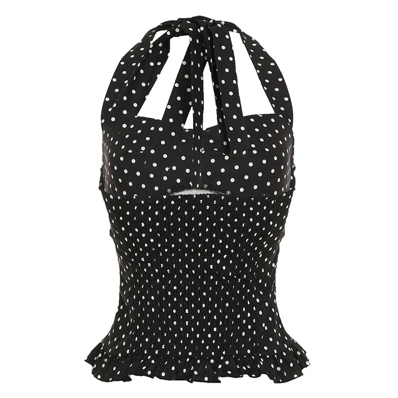 Women's Clothing Women's French Polka Dot Print Bustier Top Halter Neck Tie Vest Pure Sexy Princess Style Waist Cinching_ecoleips.com