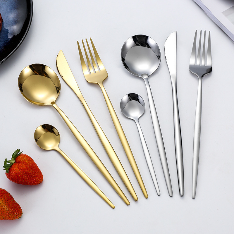 Stainless Steel Tableware Knife, Fork and Spoon Set Hotel Western Steak Knife and Fork Dessert Spoon Portuguese Series Golden Spoon