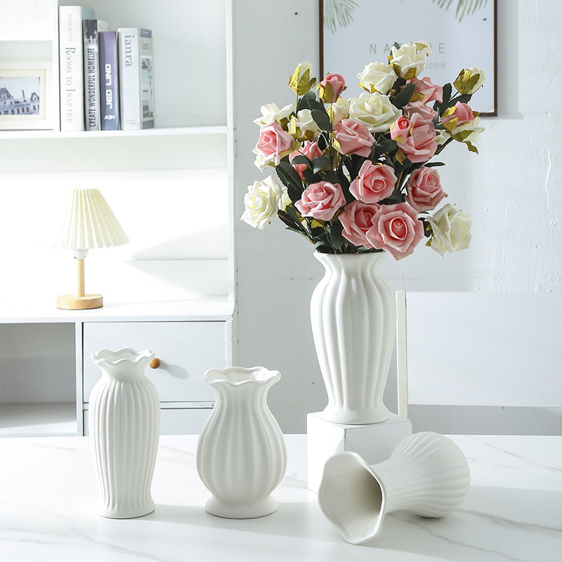 European Rose Flower Arrangement Vase White Simple Ceramic Flower Holder Living Room Dining Table Dried Flowers Fresh Flowers Hydroponic Decorative Ornaments