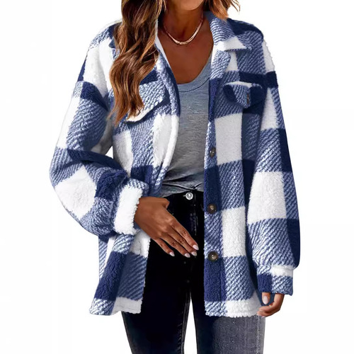 Cross-border women's clothing 2025 new Amazon autumn and winter plaid lamb velvet jacket button plush jacket