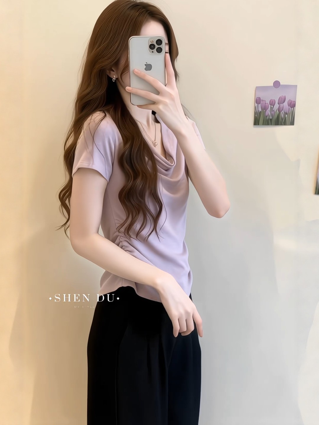 Áo thun tay ngắn cổ tròn màu tím phối nếp gấp eo che bụng cho nữ — Màu ảnh