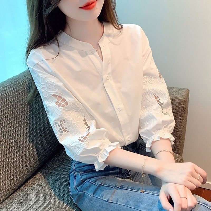 Heavy Embroidered Bubble Lantern Short-sleeved Shirt Women's Early Autumn 2025 Summer Shirt Seven-sleeved White Chiffon Top