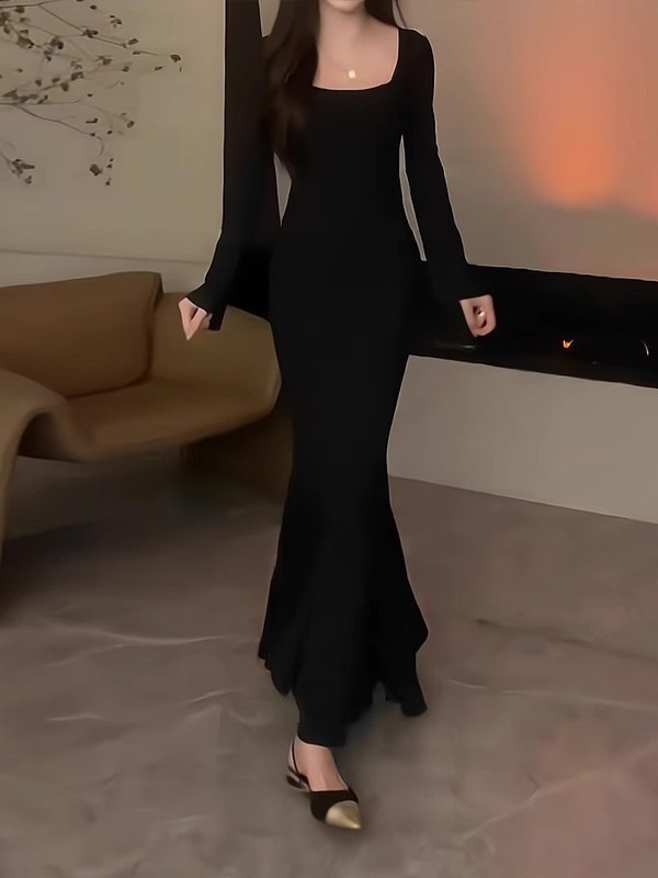 赫本风法式黑色长袖连衣裙女秋季2025新款高级感修身包臀鱼尾长裙|undefined