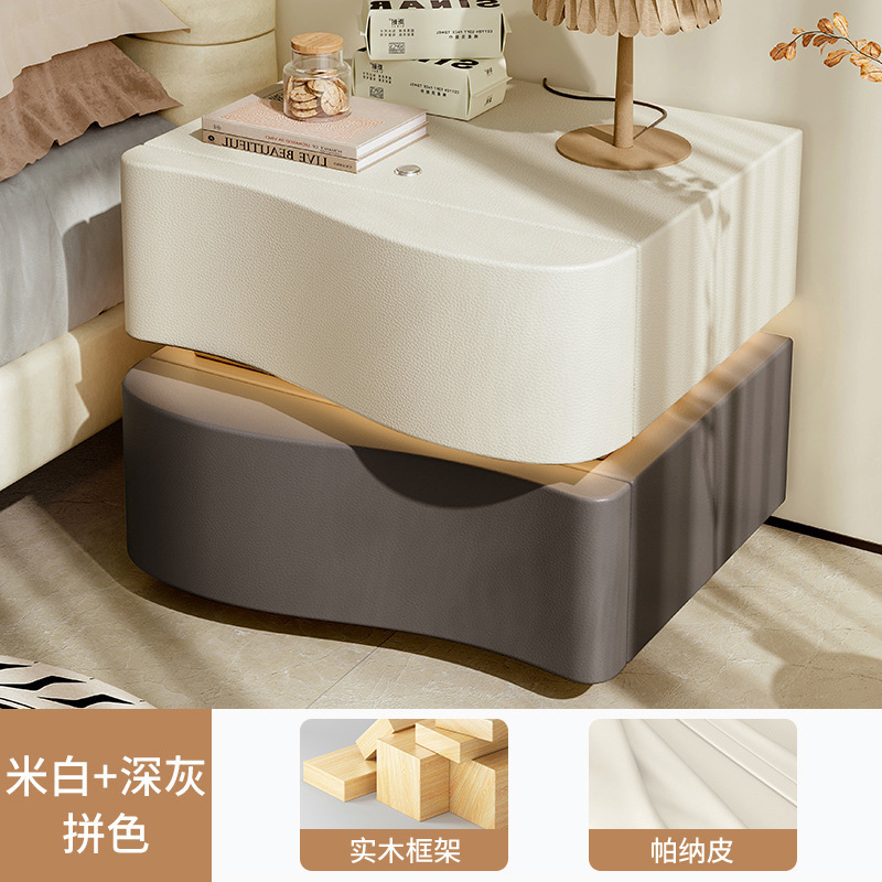 Mesita de noche, estilo crema, madera maciza, simple, blanco moderno, modelo de diseñador creativo, lujo ligero, dormitorio principal de alta gama, nuevo