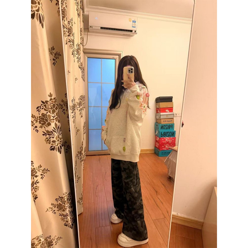 美式复古立体花朵刺绣连帽卫衣女春秋潮牌宽松休闲小个子百搭上衣|undefined