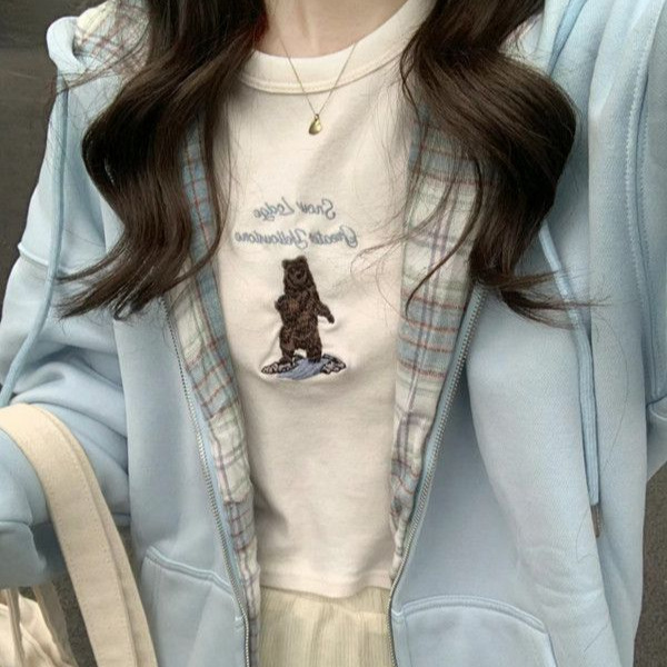 奶蓝色外套女春秋银狐绒加厚宽松显瘦韩系美式连帽碎花卫衣上衣