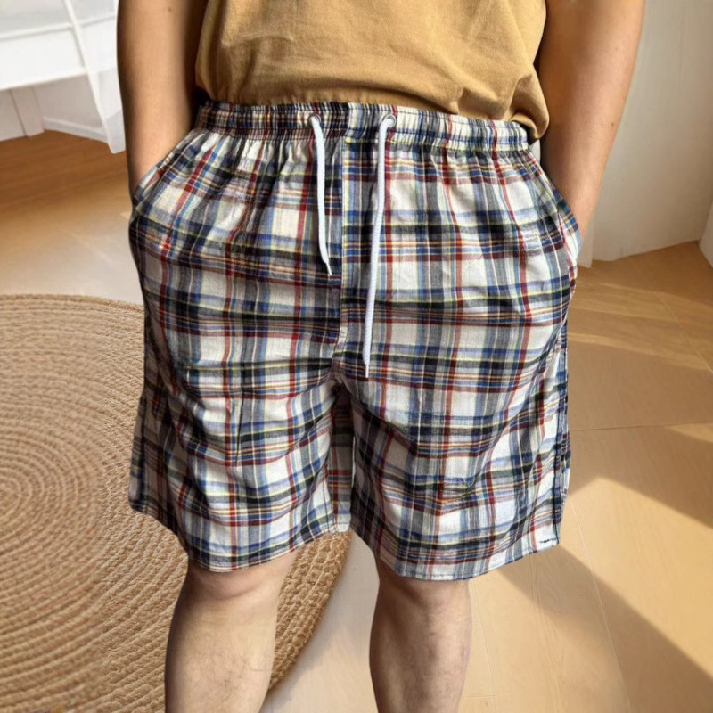 Summer Men's Beach Pants Cotton Home Pajamas Plaid Shorts Men's Loose Casual Middle-Aged and Elderly Fitness Large Pants
