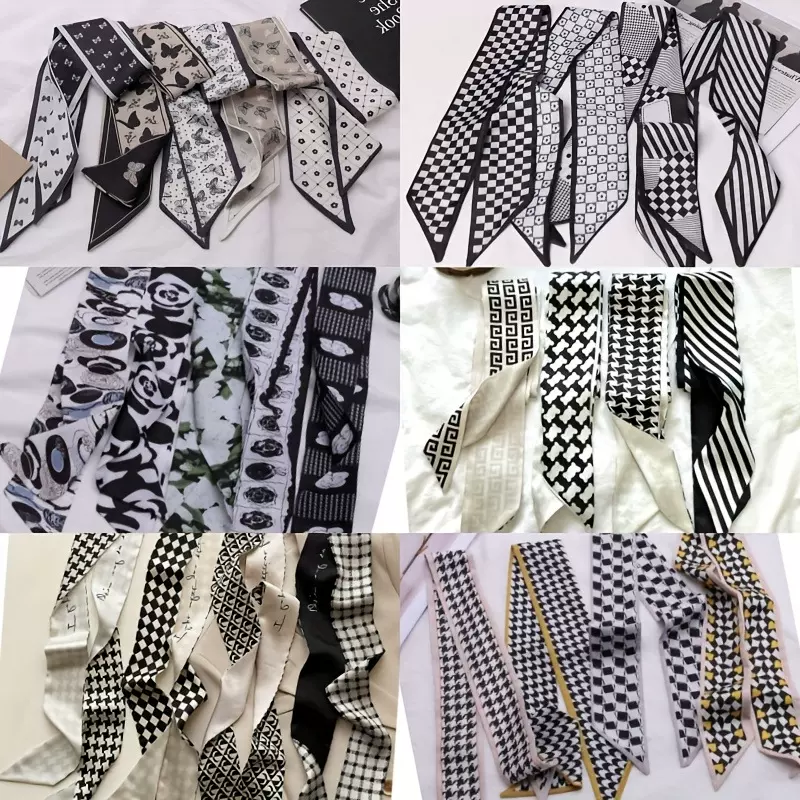 时尚黑色系丝巾发带女小长条薄款缎面头饰小众飘带千鸟格花朵发饰