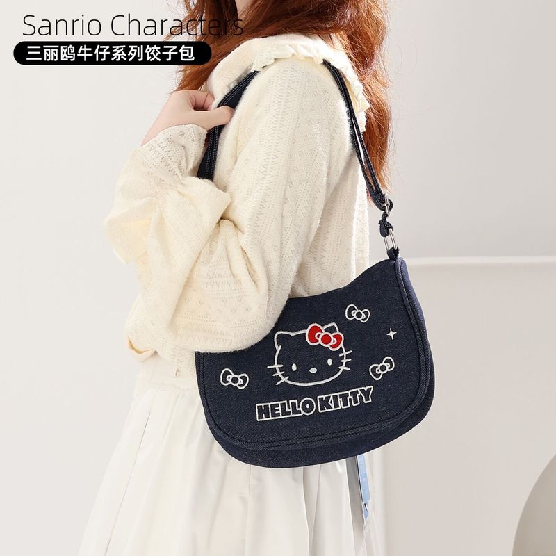 Sanrio Genuine Denim Series Bag Hello Kitty Cute Embroidered Girl Heart Crescent Bag Armpit Bag Shoulder Bag