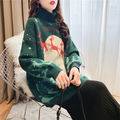 加厚高领毛衣女套头秋冬韩版红色圣诞小鹿复古百搭宽松慵懒风外穿