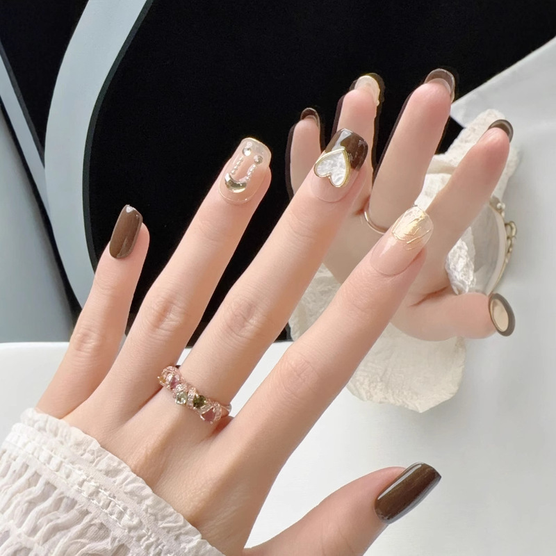 [Original Real shot] handmade wear nail autumn and winter New Amber Brown nail patch finished love French style