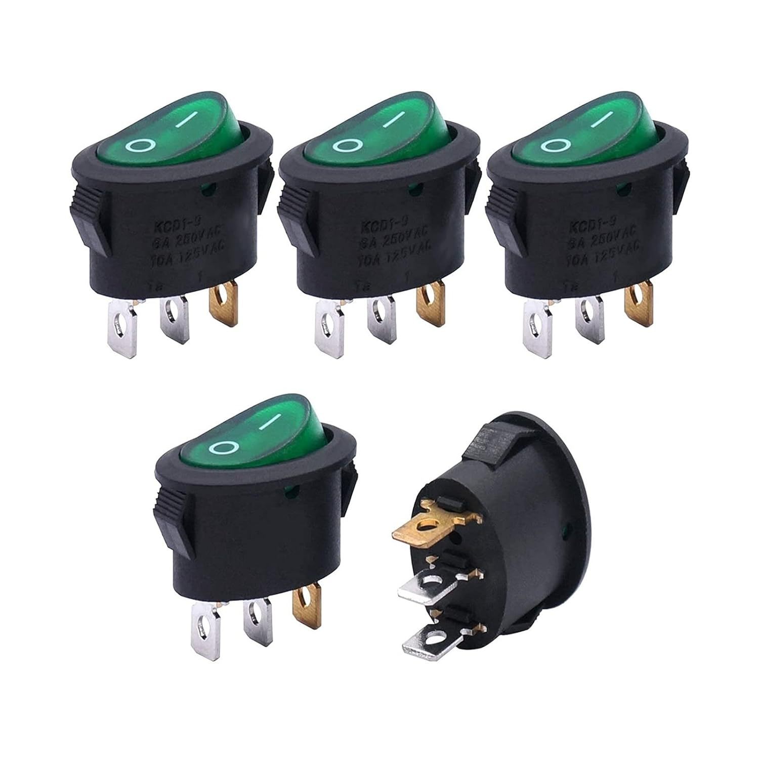 供应翘板开关椭圆形带灯船型开关KCD1三脚两档绿灯绿盖船型开电源