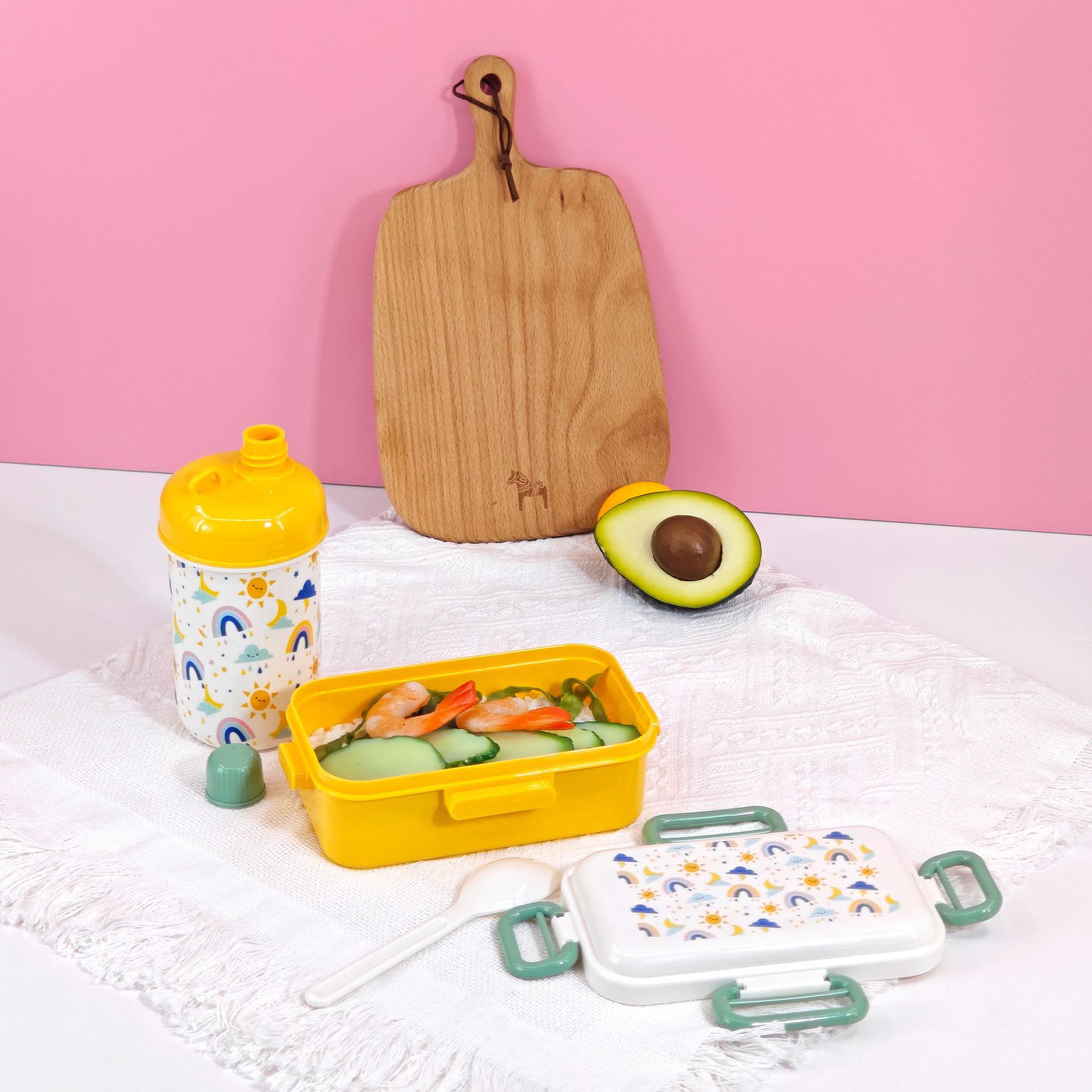 Caja de almuerzo personalizada set hervidor de agua encantador dibujos animados portátil caja de almuerzo de color de alto valor casero taza de agua directa