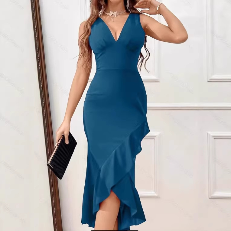 Women's Deep V-Neck Sleeveless Slim-Fit Fishtail Ruffle Mid-Length Dress for Evening Parties and Formal Occasions Women's Deep V-Neck Sleeveless Slim-Fit Fishtail Ruffle Mid-Length Dress for Evening Parties and Formal Occasions