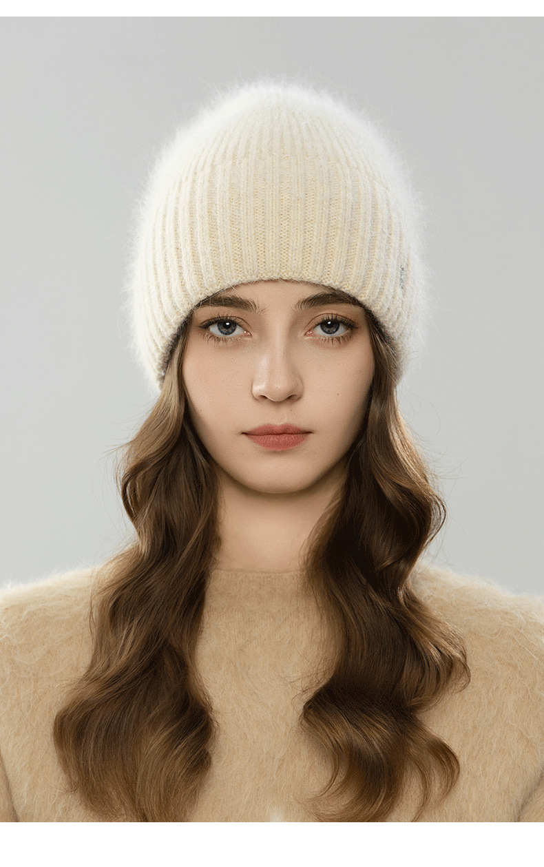 Mũ len beanie nữ lông thỏ dệt kim ấm áp mùa thu đông — màu be chi tiết 6