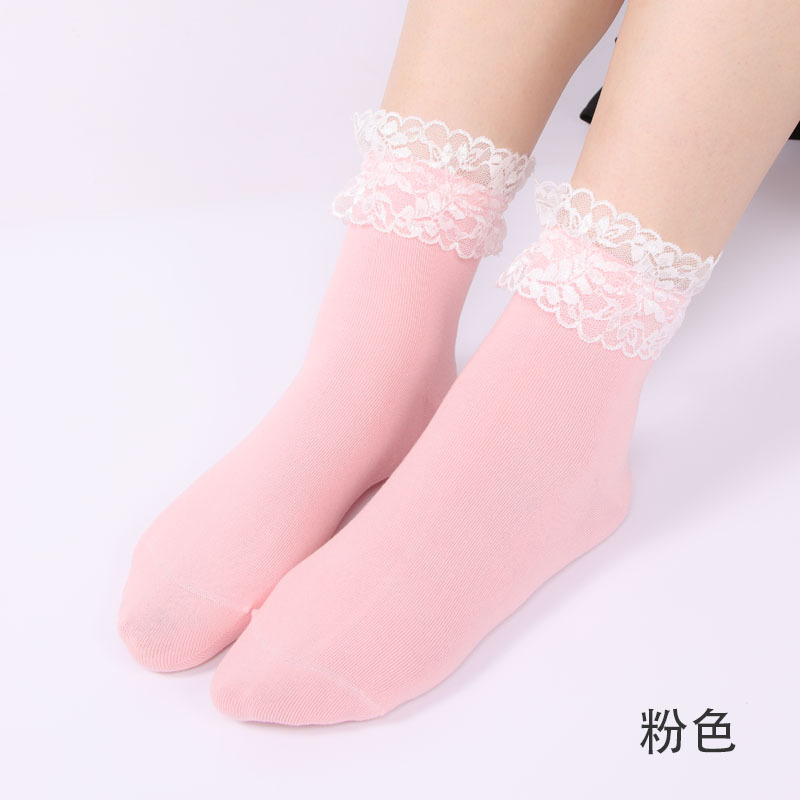 Calcetines de algodón de encaje de niña japonesa calcetines de mujer calcetines de media pantorrilla calcetines de estudiante Lolita de color sólido calcetines de Primavera al por mayor