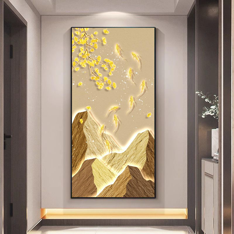 九鱼图玄关装饰画新中式山水走廊过道壁画灯画入户正对门客厅挂画|undefined